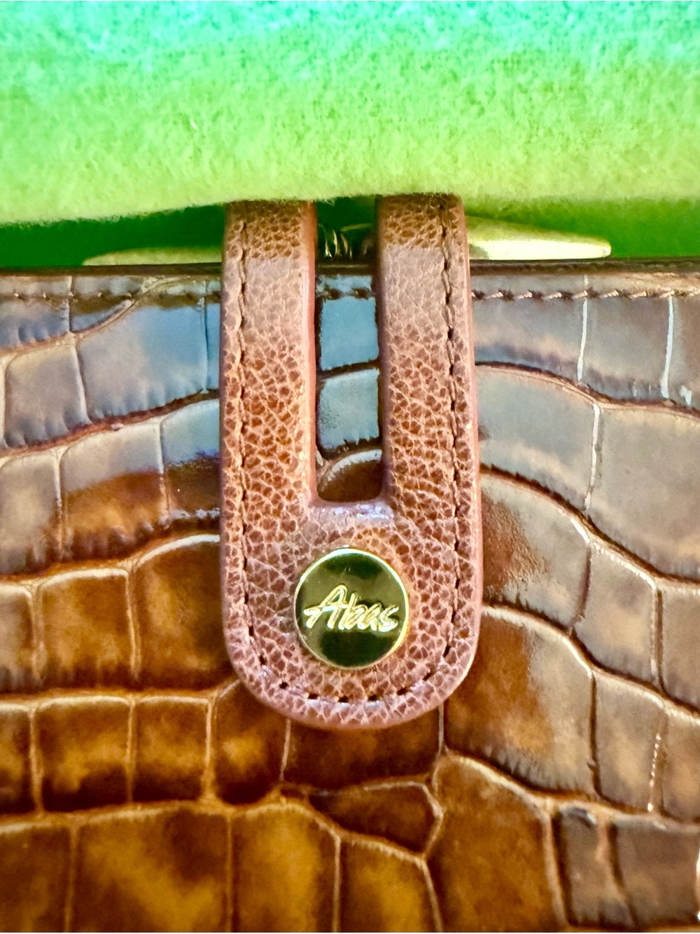 NEVER USED Abas Brown Croc-Embossed Wallet with Gold Logo Button